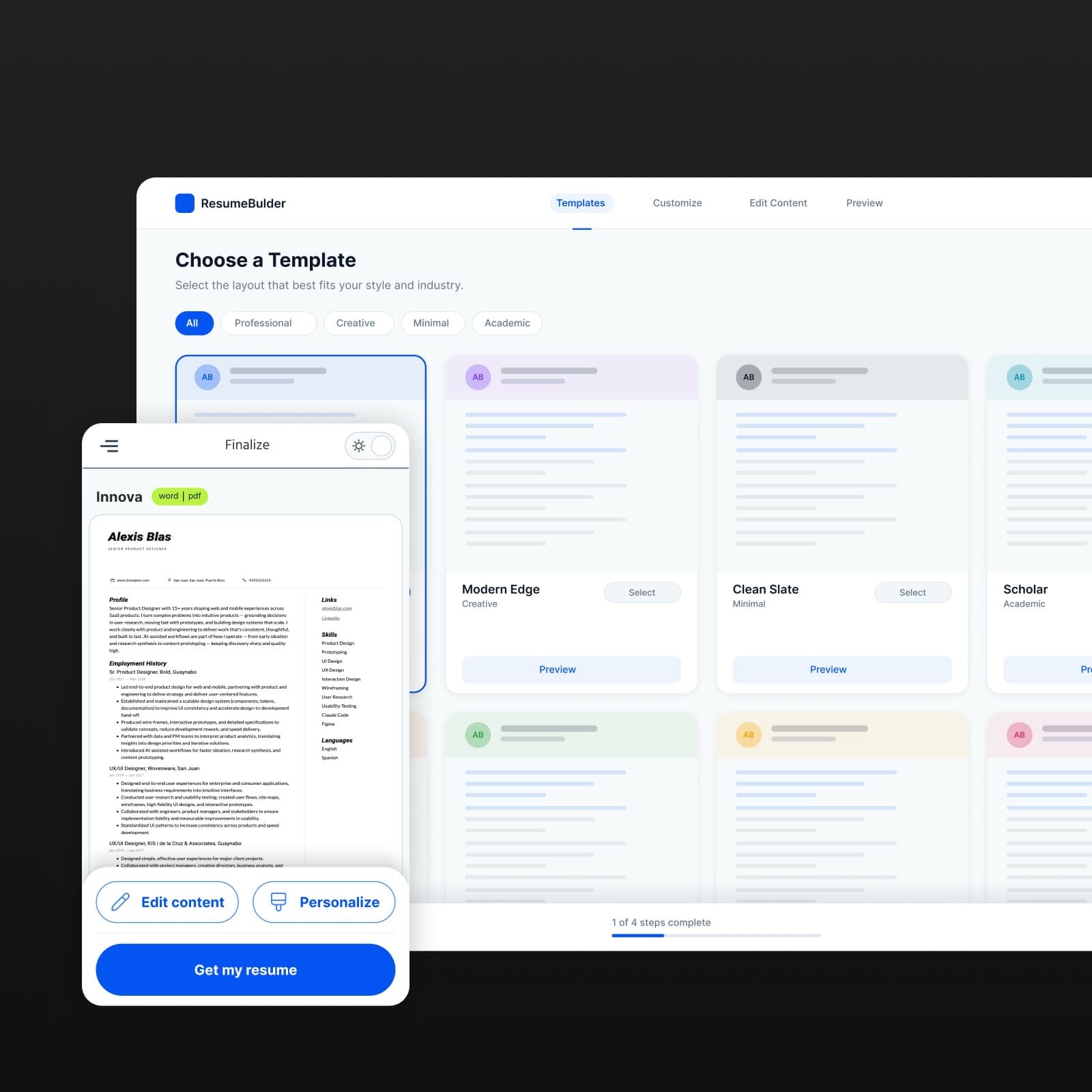A résumé builder's template picker on desktop, with a mobile résumé preview beside it, built from the shared system.