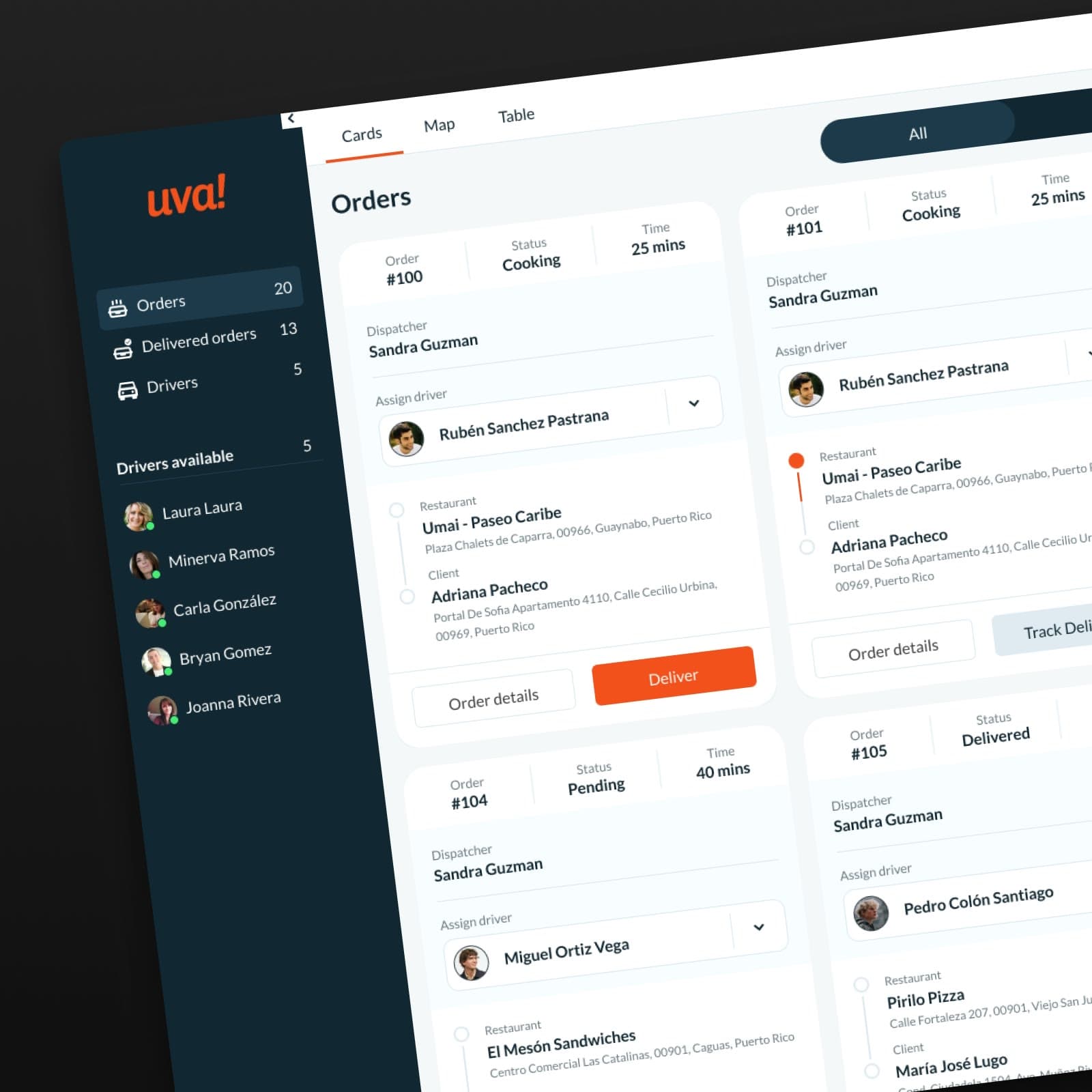 UVA's dispatch dashboard showing live orders as cards, with status and minutes elapsed on each.