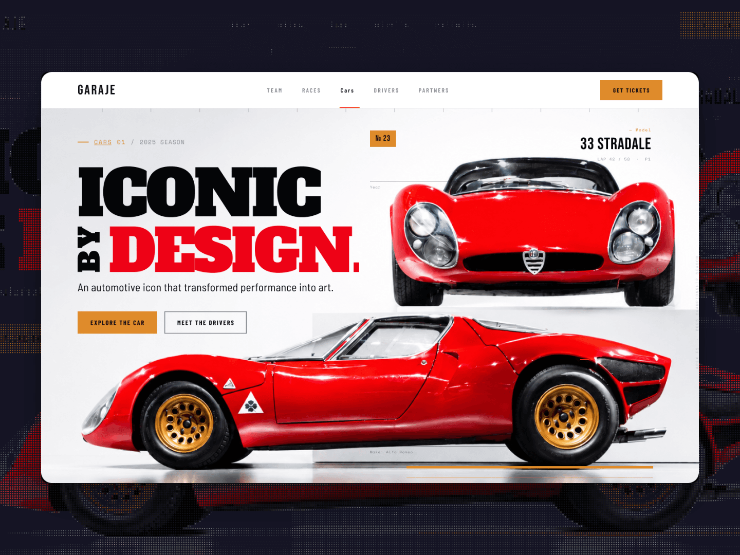 “Iconic by design” landing page featuring the red Alfa Romeo 33 Stradale.