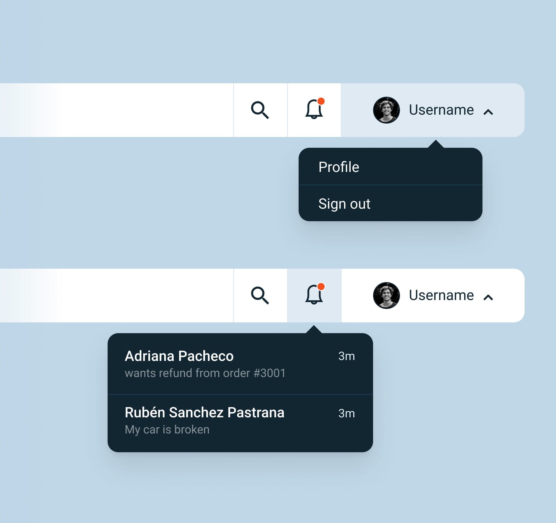 UVA top navigation with the profile menu and the notifications panel open.