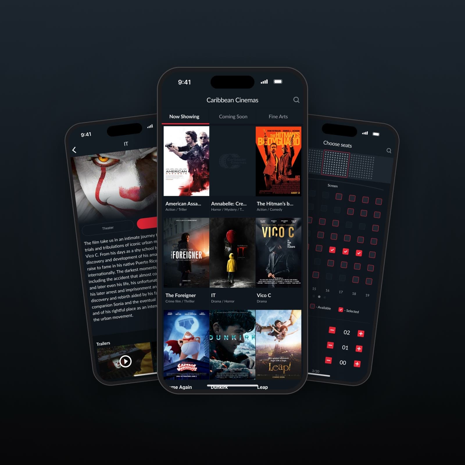Three phones showing the Caribbean Cinemas app: now-playing movies, a movie detail, and the seat map.