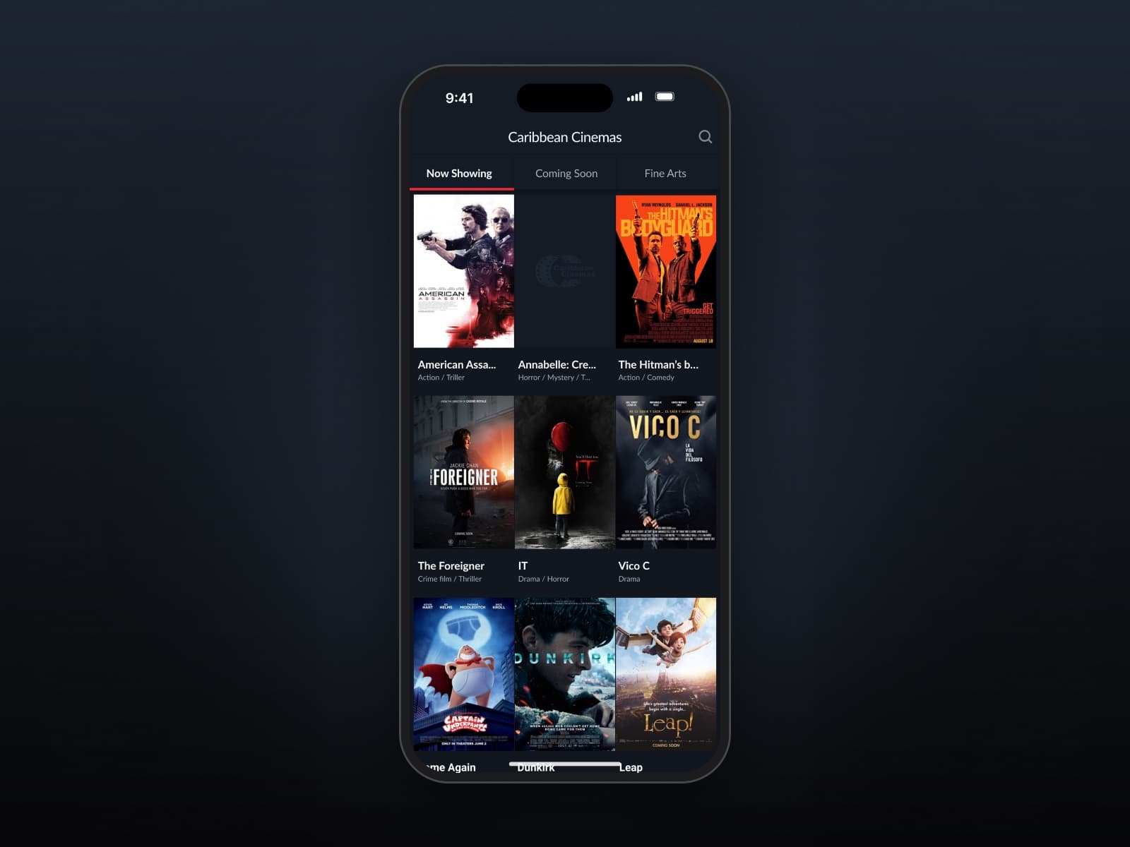 Now Showing screen with movie posters, plus Coming Soon and Fine Arts tabs.