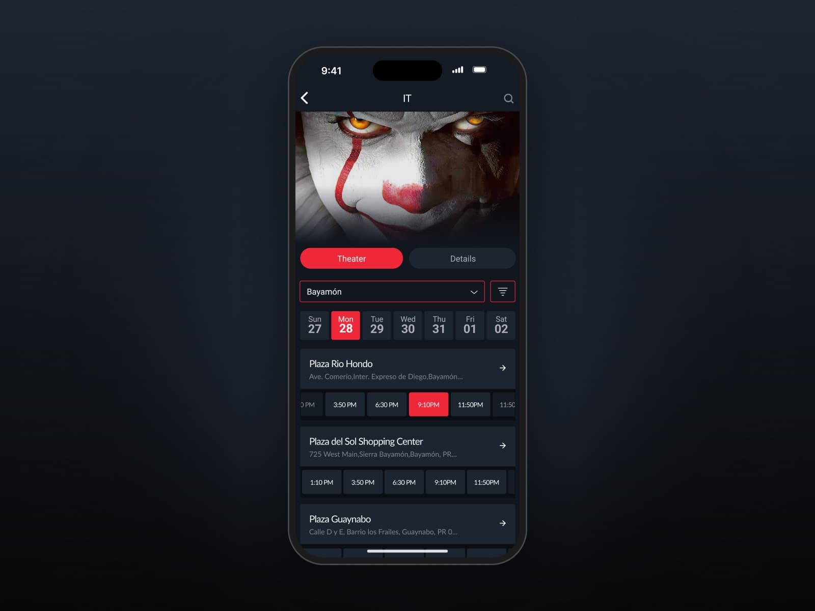 Movie screen with a date picker, theater selector, and showtimes.
