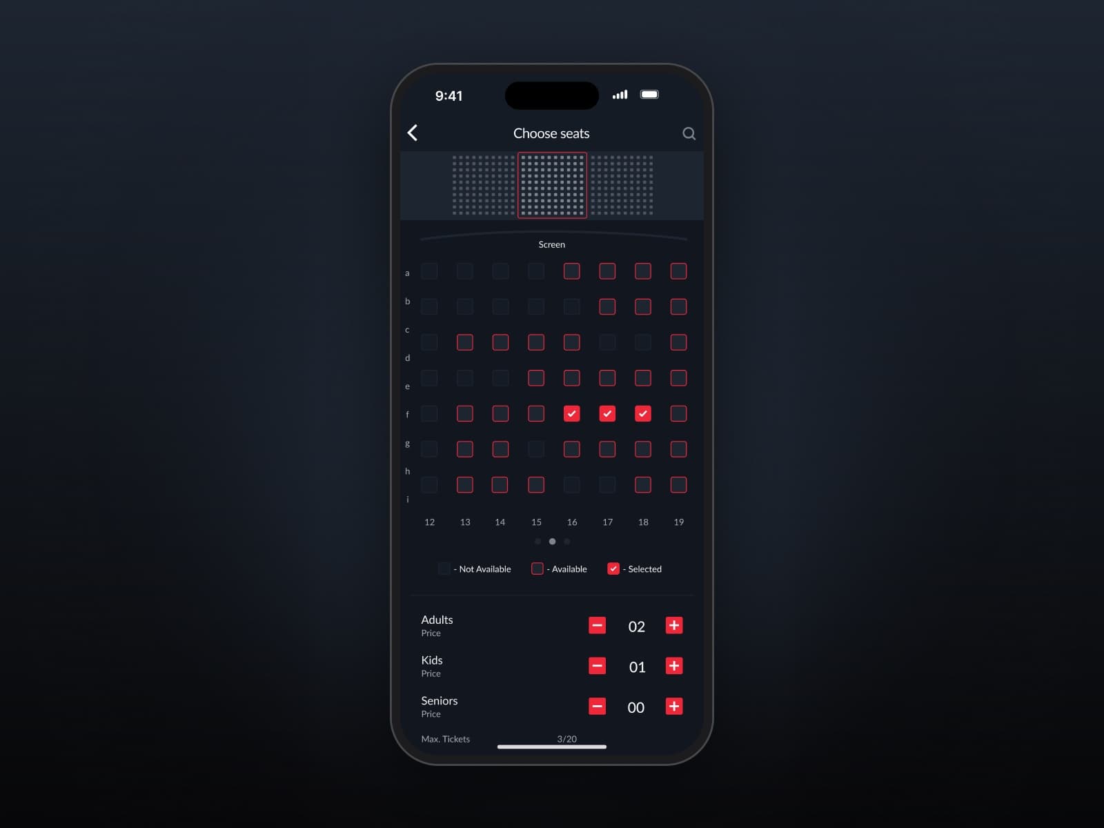 Seat map with available, selected, and unavailable seats.