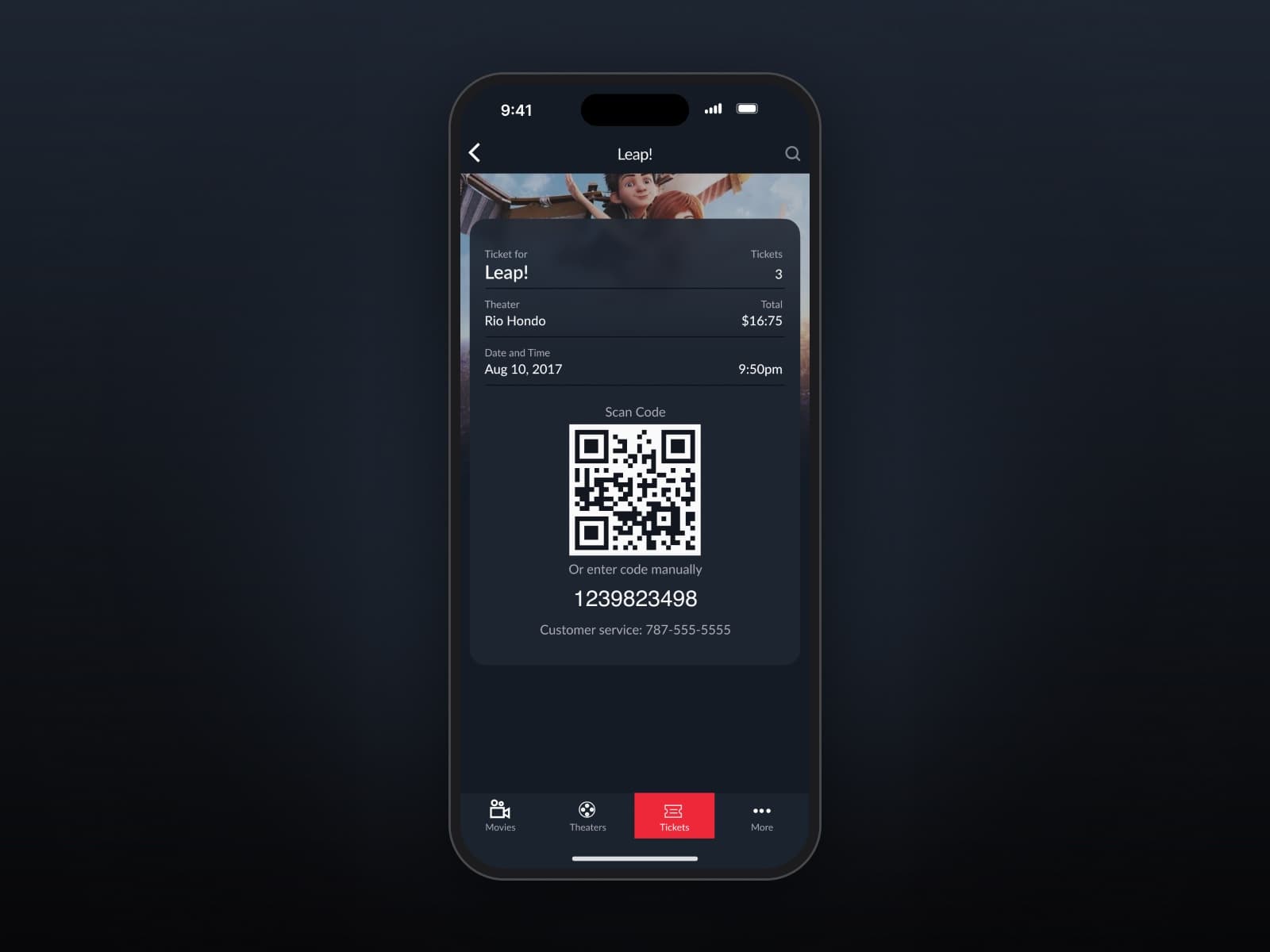 Digital ticket with a QR code and a manual entry code.