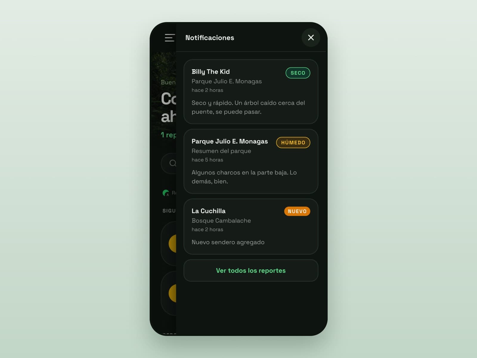 The Notificaciones panel listing new reports for Billy The Kid and Parque Julio E. Monagas, each tagged Seco or Húmedo, and a newly added trail tagged Nuevo.