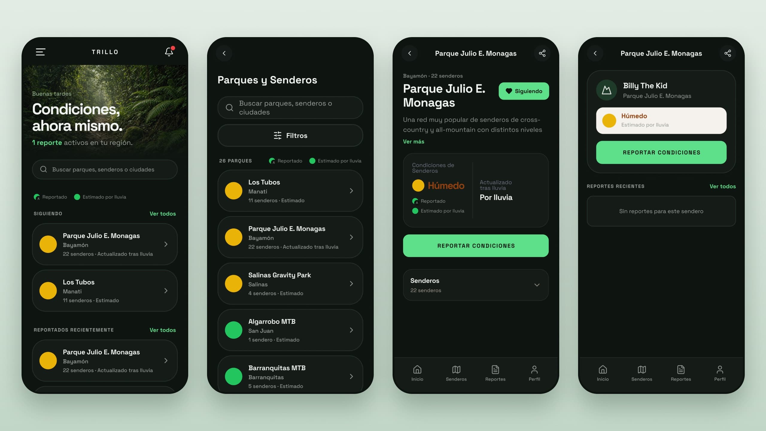 Three Trillo screens on phones: Home, the park list, and a park, each park marked with a green or yellow condition dot.