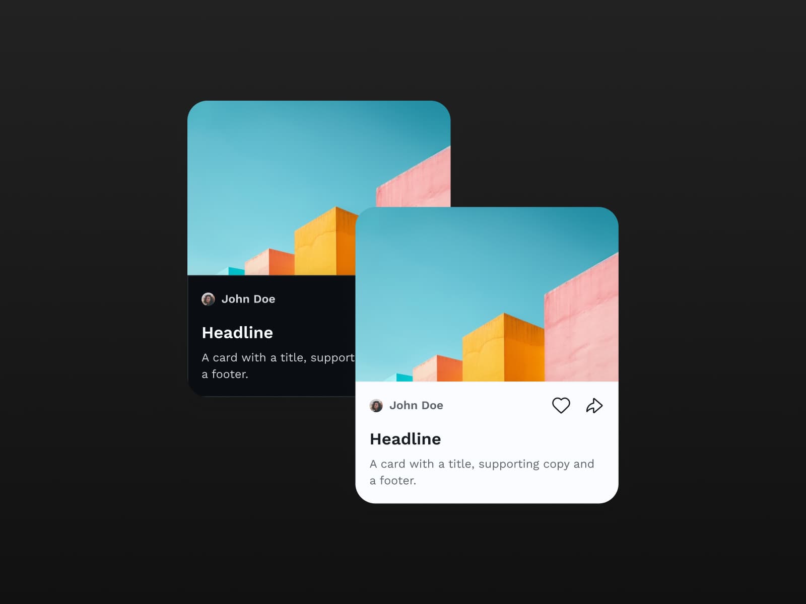 A content card with an image, author, headline, and copy, shown in a dark and a light theme.