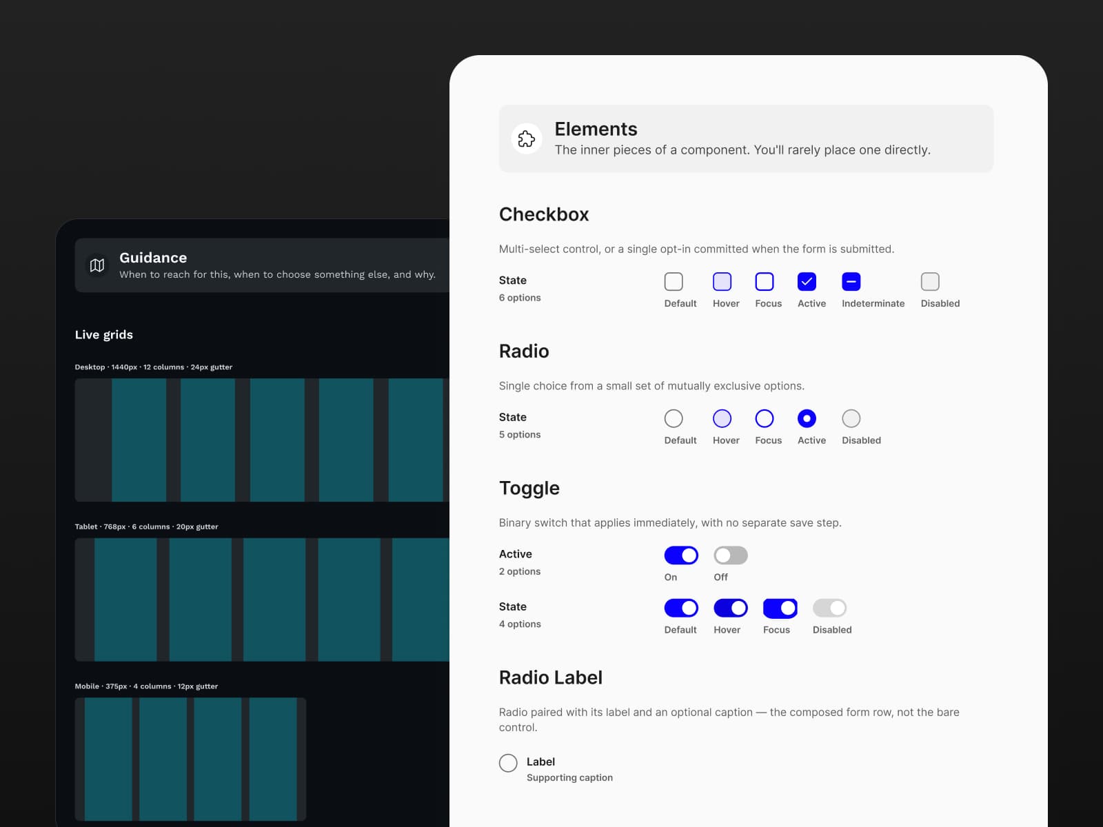 Prism documentation for live layout grids on desktop, tablet, and mobile, and for checkbox, radio, and toggle states.