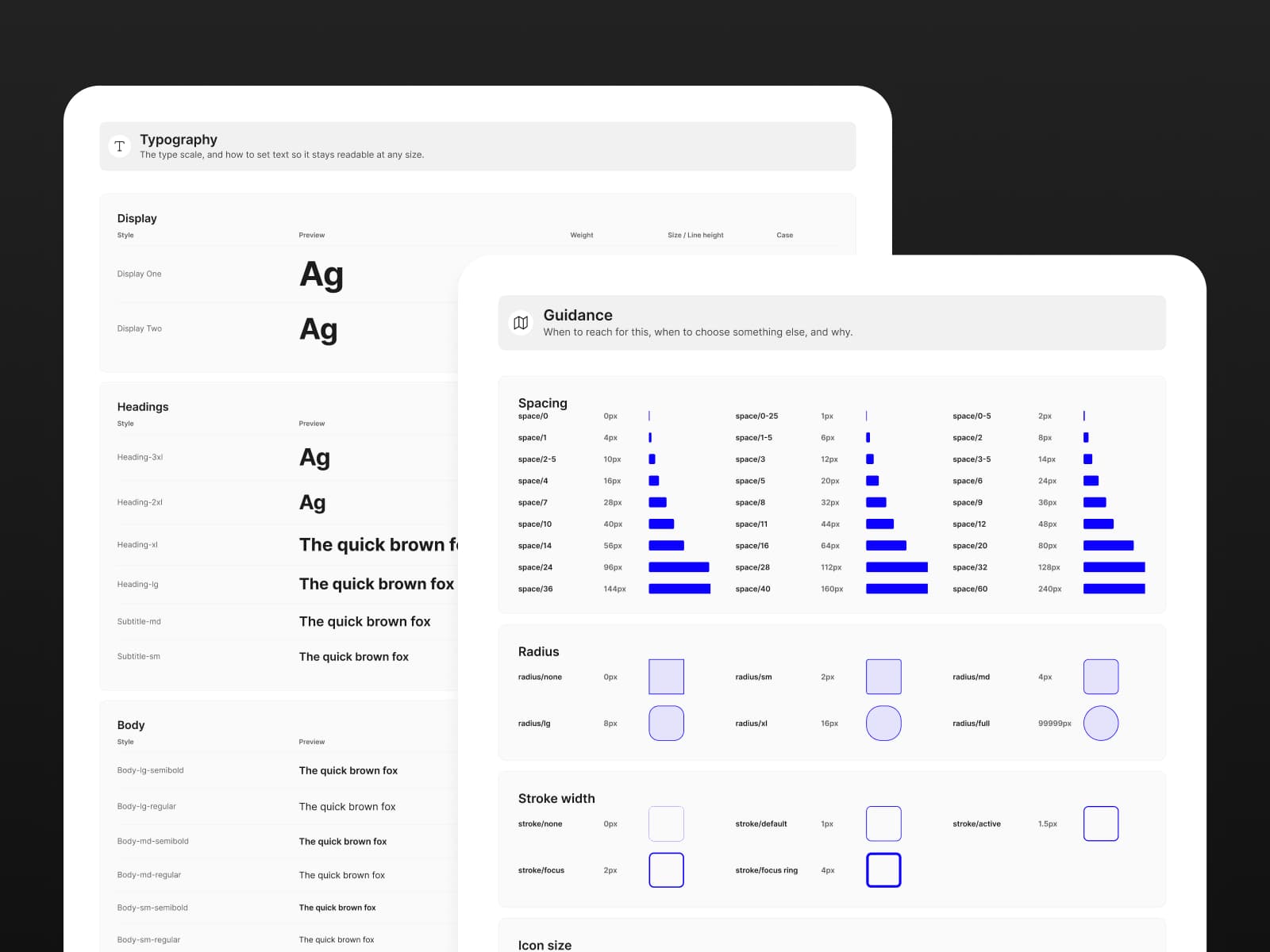 Prism documentation for the type scale, and for spacing, radius, and stroke tokens with usage guidance.