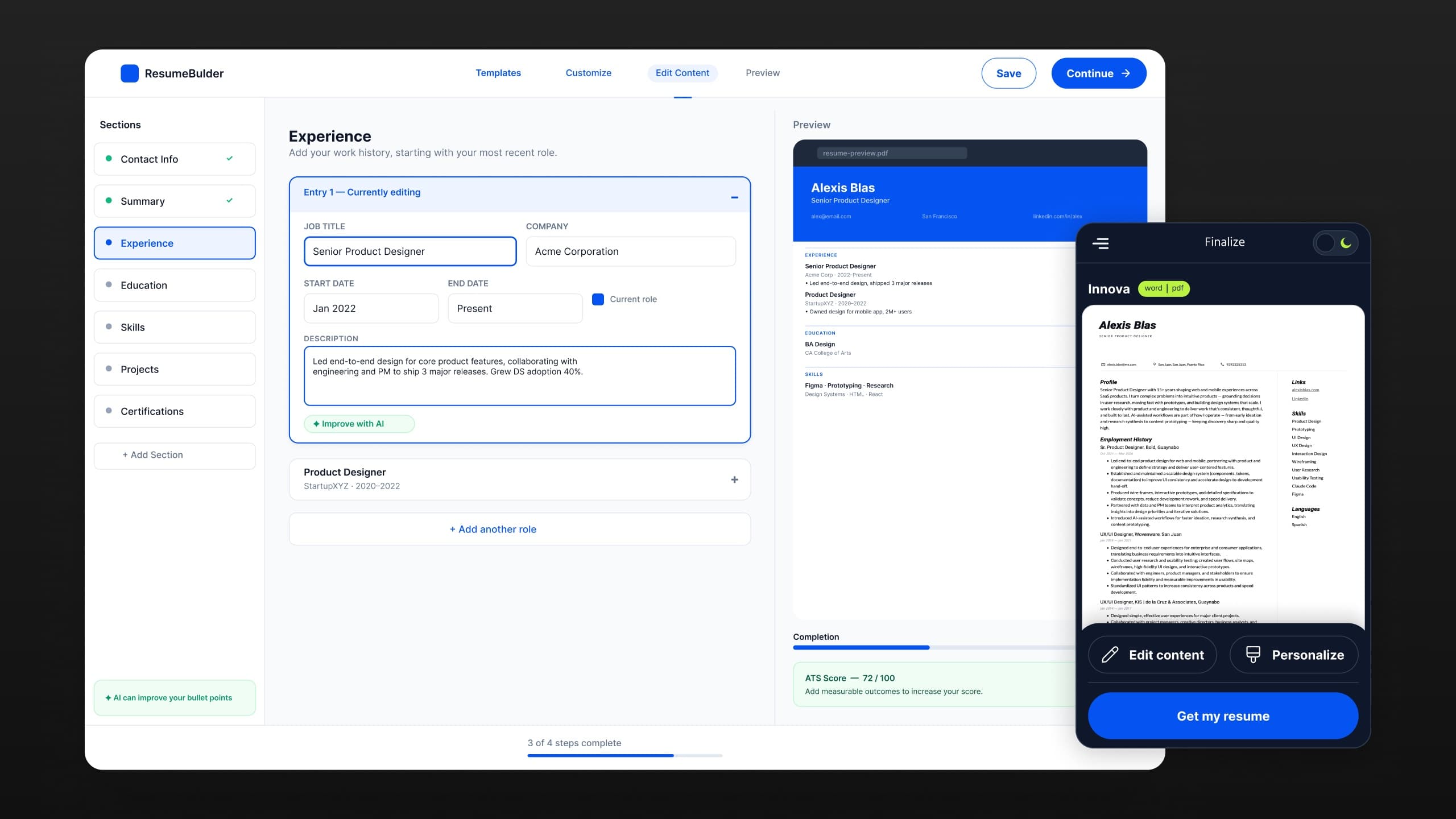 A résumé builder's template picker on desktop, with a mobile résumé preview beside it, built from the shared system.