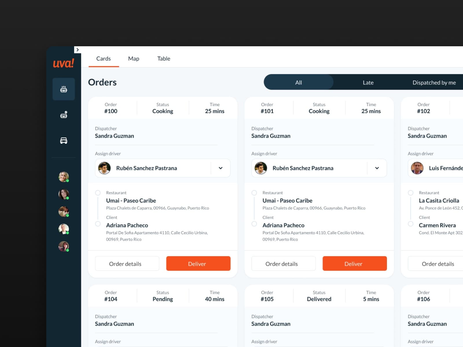 Order cards with status and minutes elapsed, under All, Late, and Dispatched by me filters.